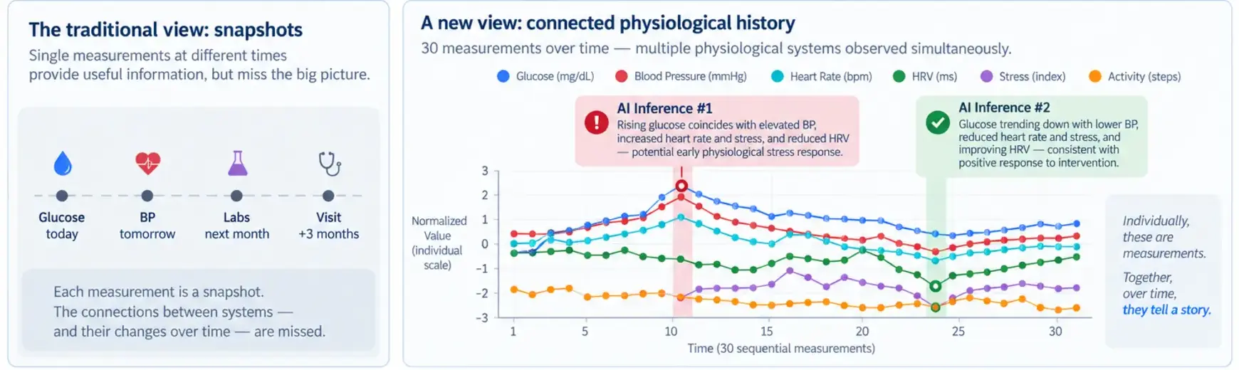 Connected physiological data streams displayed across time