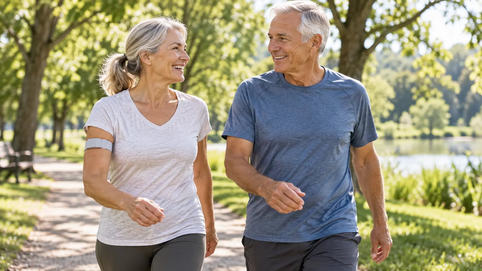 Older couple walking in a park while one wears a slim upper-arm band