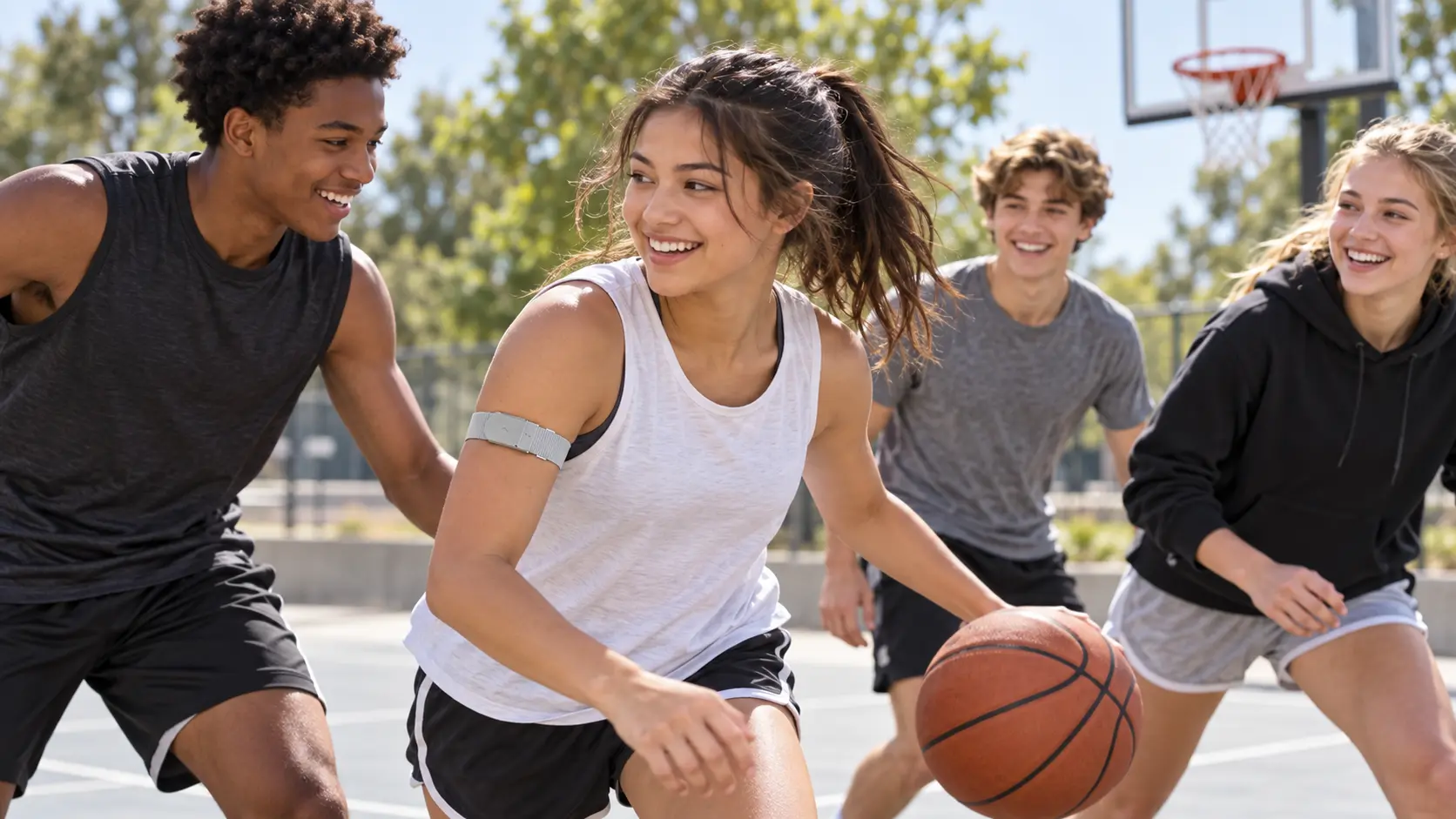 Teenagers playing basketball while one wears a slim upper-arm band