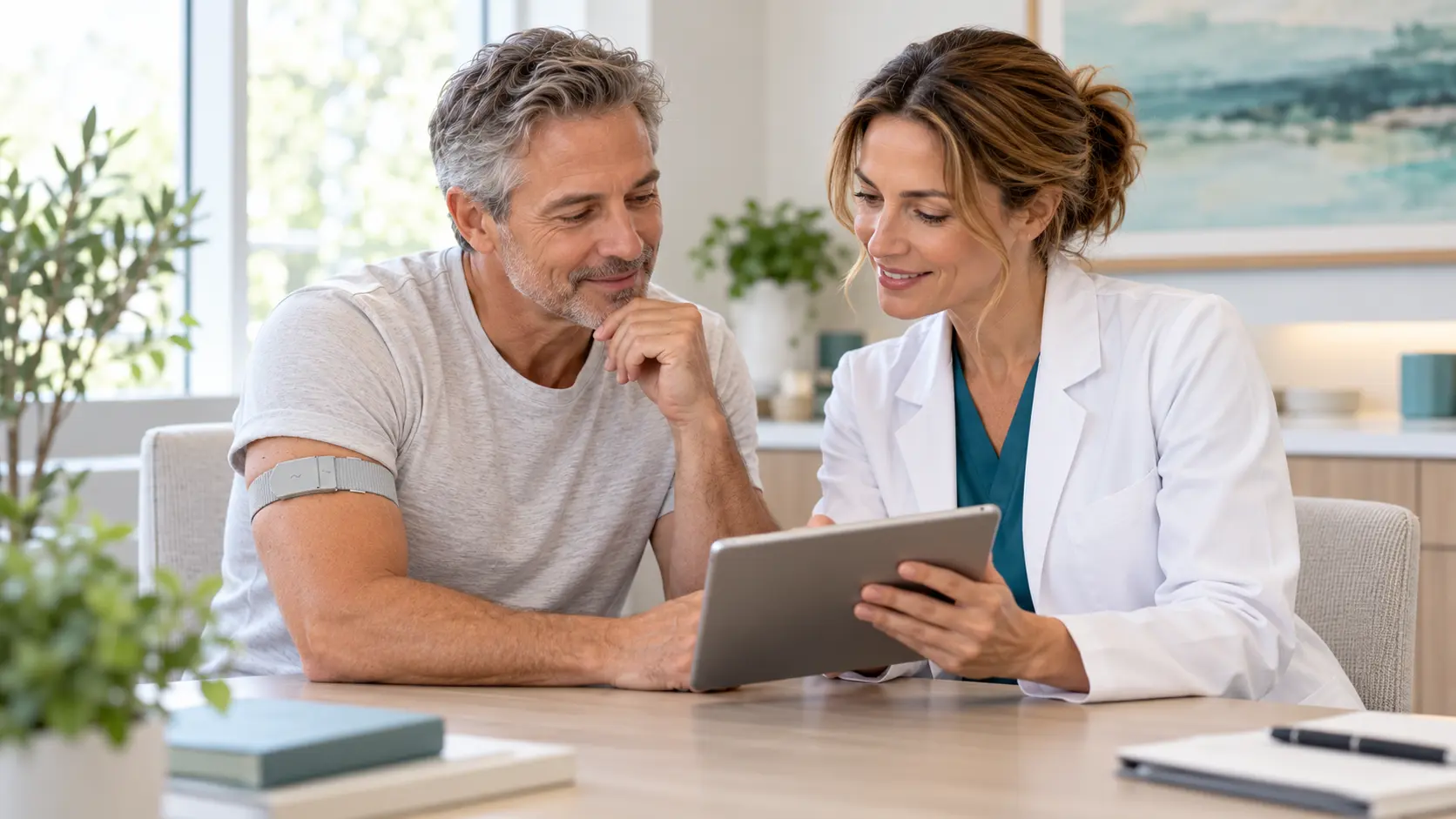 Healthcare practitioner and patient reviewing information while the patient wears a slim upper-arm band