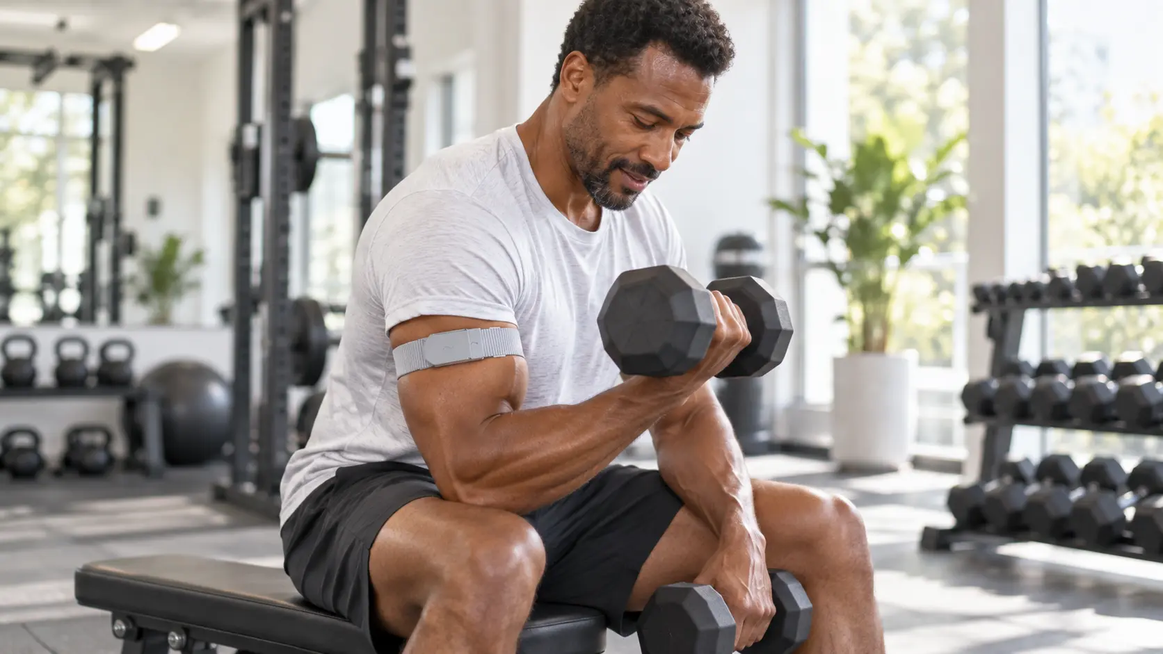 Man strength training while wearing a slim upper-arm band